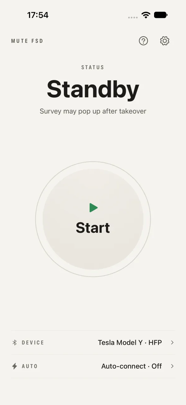 Idle home screen with Start control