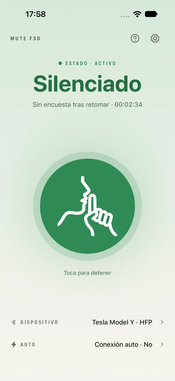Inicio activo con disco verde y gesto de silencio